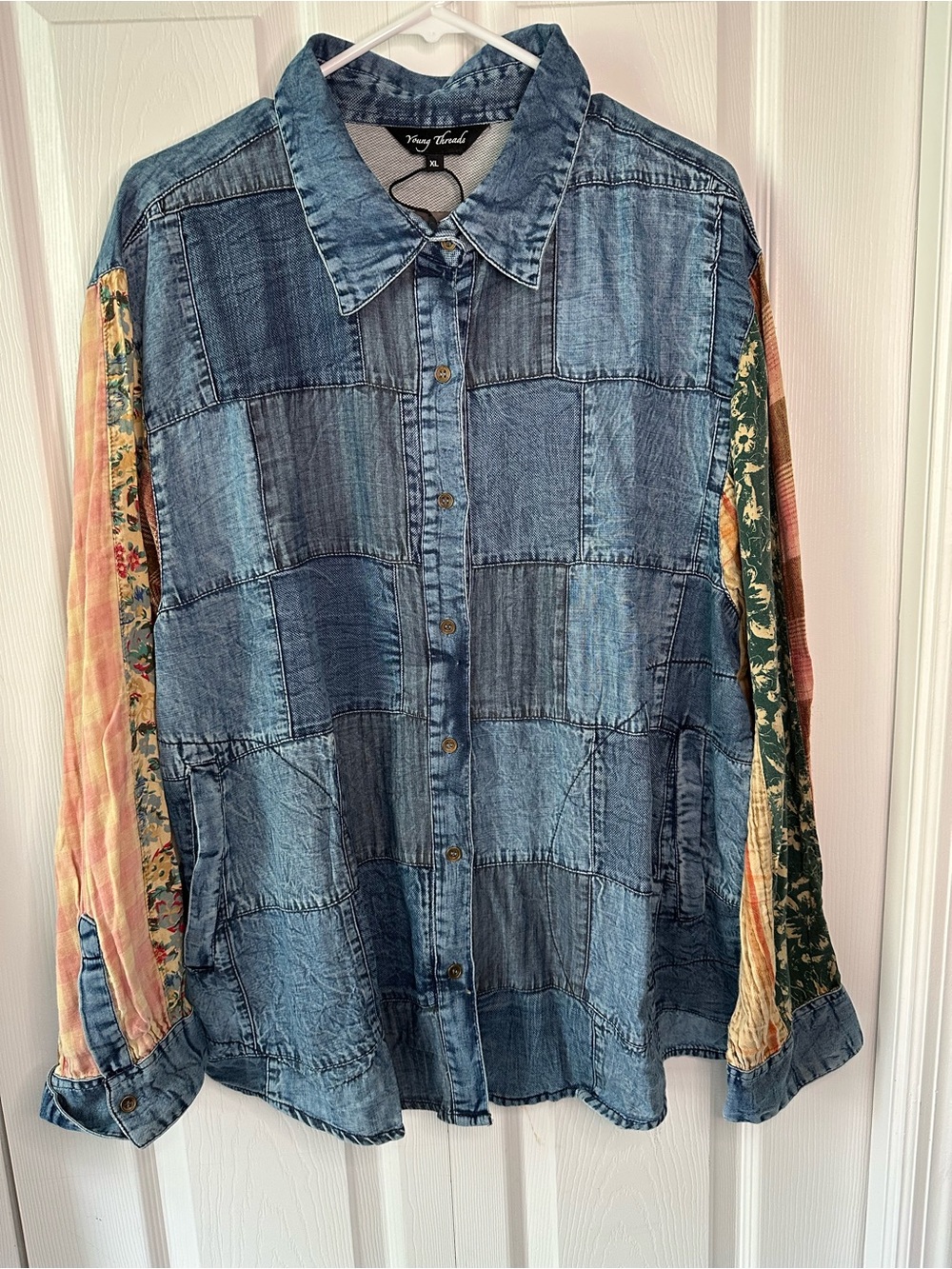 NWT Young Threads Patchwork Denim Button-Up Shirt - Blue with Multicolor Sleeves